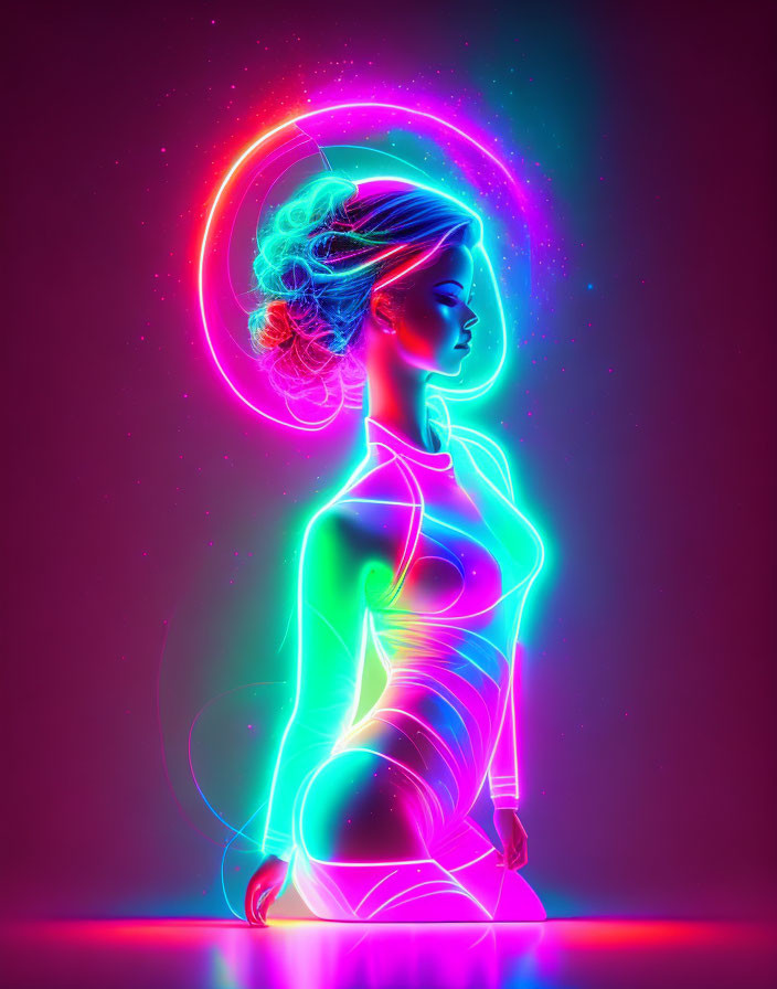 Colorful digital illustration of a woman with neon lights silhouette on pink background
