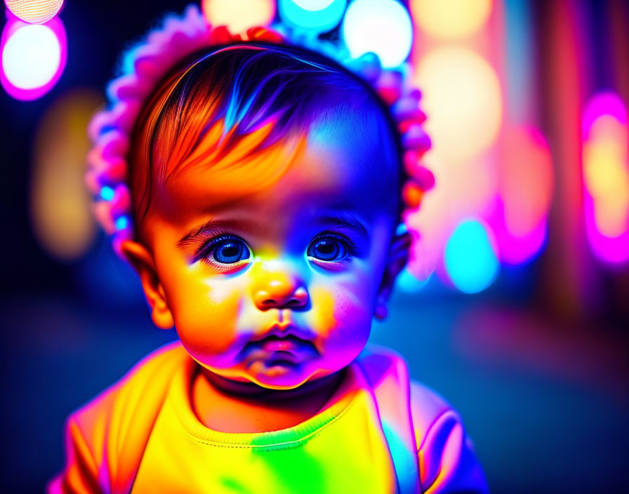 Infant Portrait Under Neon Rainbow Lights