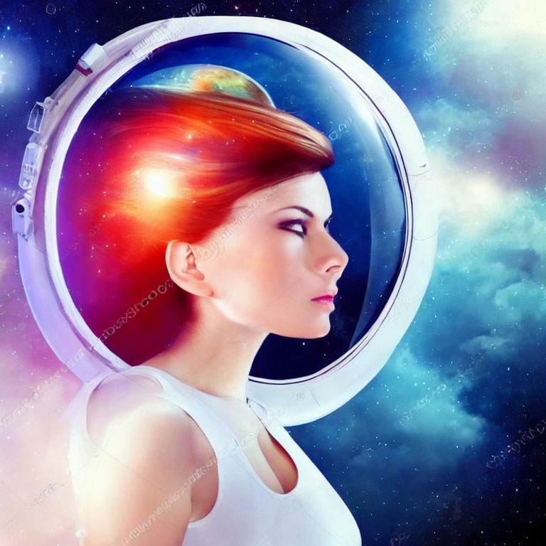 Woman gazes from spaceship porthole with galaxy merging into hair