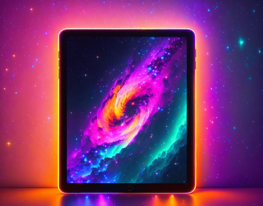 Colorful Cosmic Wallpaper Illuminates Tablet on Vibrant Background