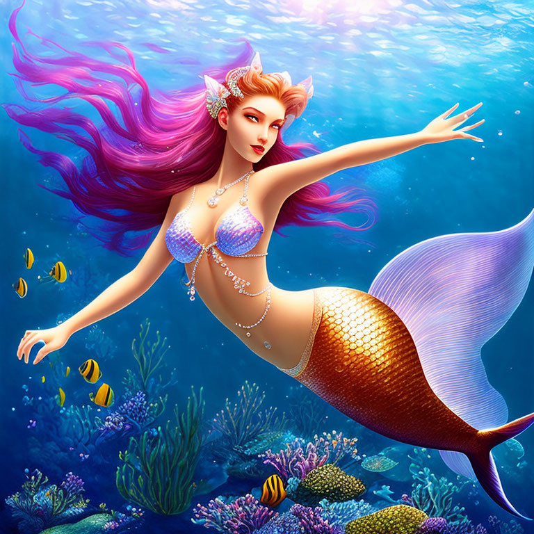 Colorful Mermaid Illustration with Purple Hair and Golden Tail Swimming in Underwater Scene