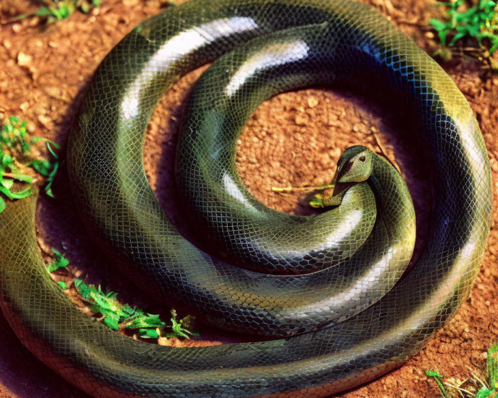 Green Coiled Snake with Raised Head and Flicking Tongue