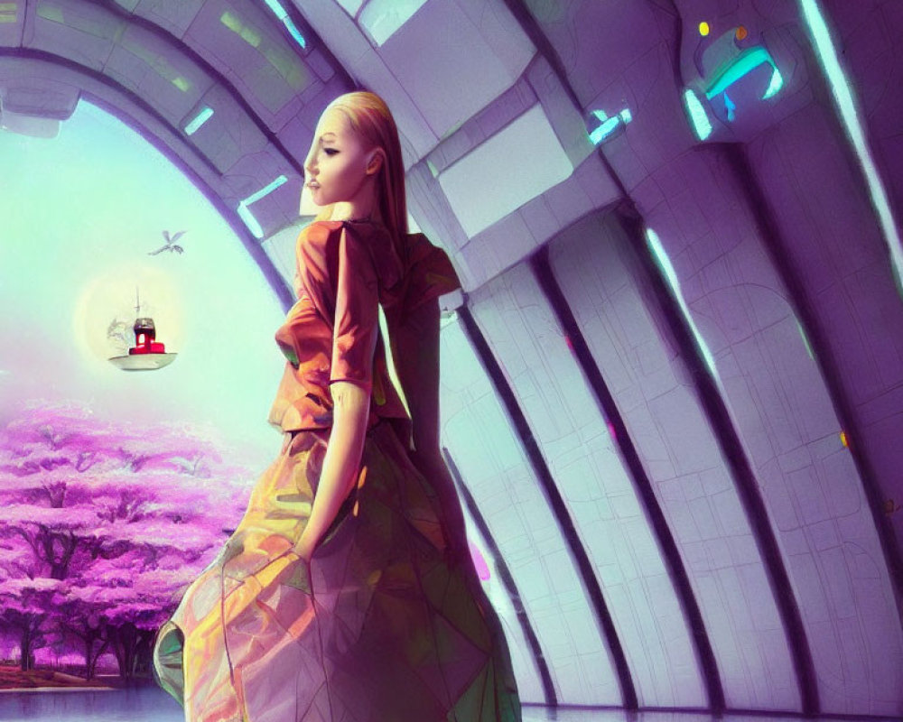 Colorful-dressed woman in futuristic corridor with pink trees and flying vehicle under moonlit sky