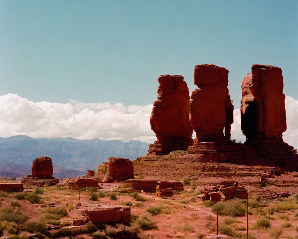 Red Sandstone Formations in Desert Landscape with Sparse Vegetation