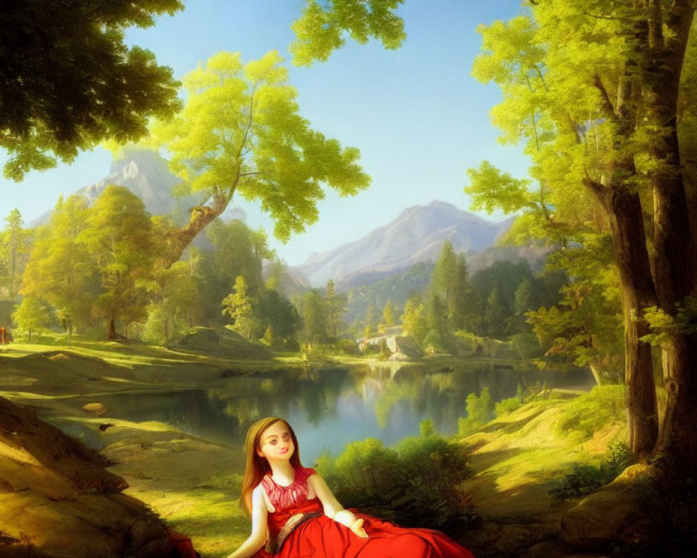 Girl in Red Dress Relaxing by Tranquil Lake and Mountains