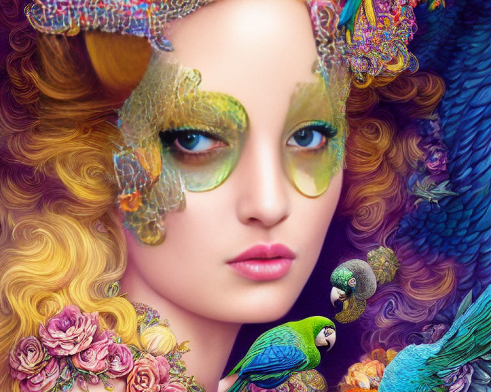 Colorful digital artwork of woman with golden curls and ornate mask, surrounded by birds and flowers
