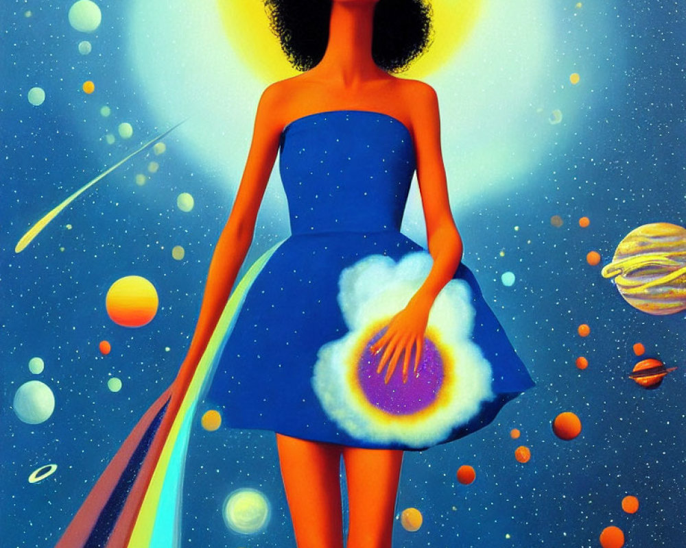 Cosmic-themed woman illustration with space backdrop