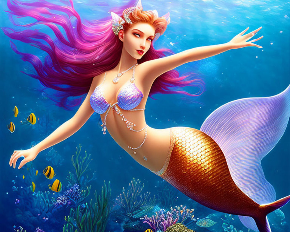 Colorful Mermaid Illustration with Purple Hair and Golden Tail Swimming in Underwater Scene