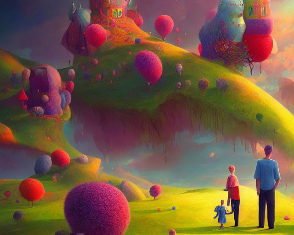 Colorful balloons and floating islands in whimsical landscape with family and dog.