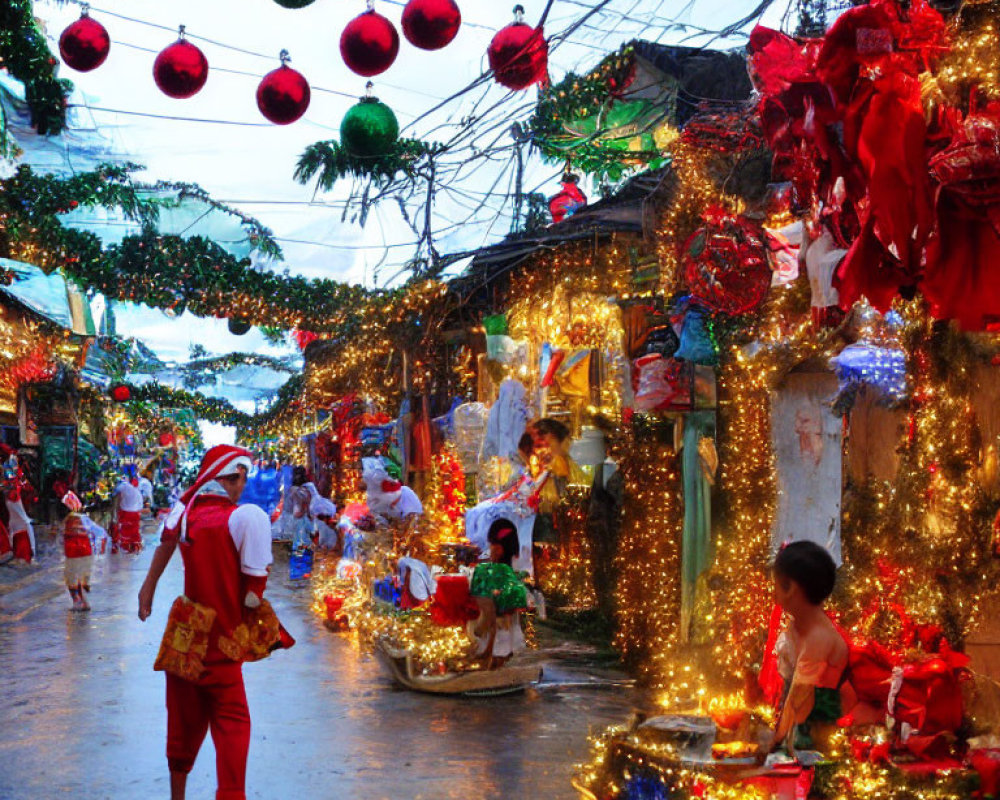 Festive street market with Christmas decor and Santa Claus costume.