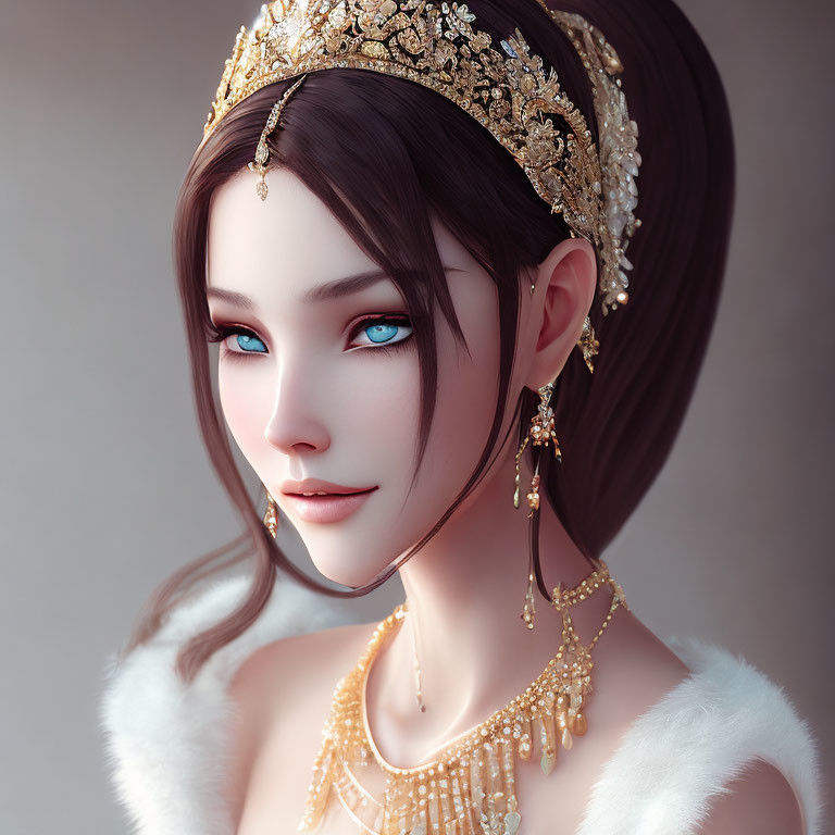 Portrait of woman with blue eyes in gold headdress and jewelry.