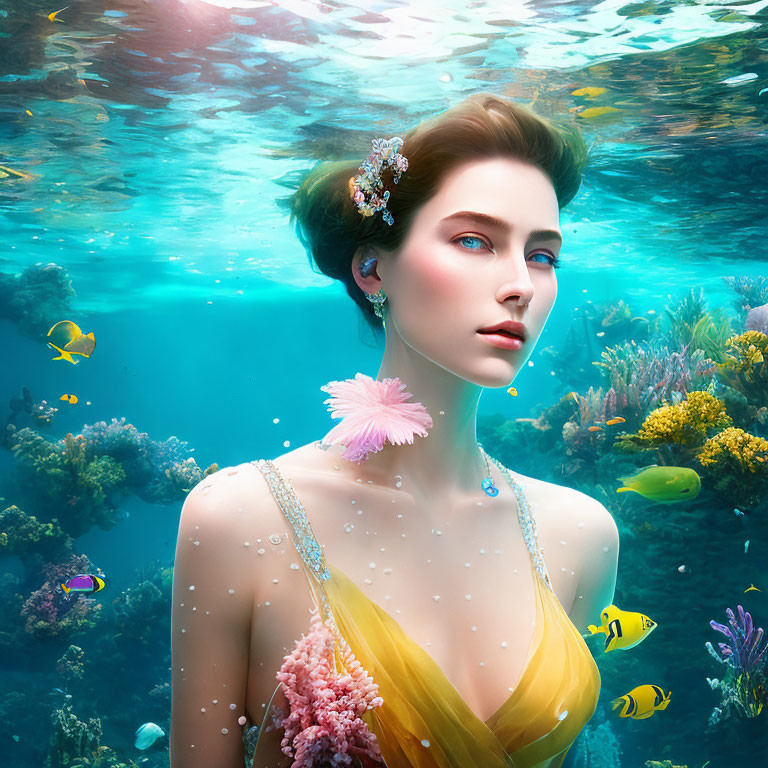 Woman with floral hairpiece in vibrant underwater scene with coral reefs and tropical fish