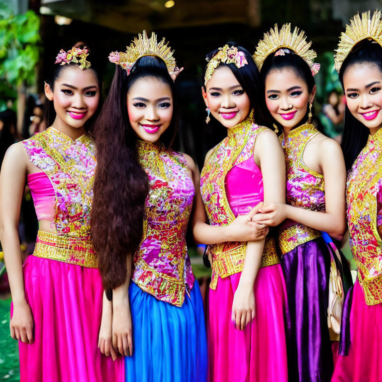 Four Women in Colorful Thai Attire and Floral Headpieces Outdoors