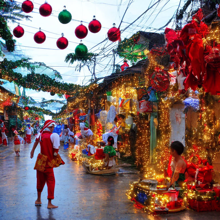 Festive street market with Christmas decor and Santa Claus costume.