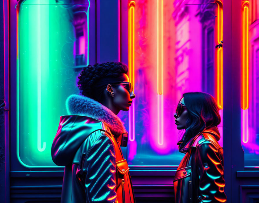 Vibrant neon lights illuminate two people in stylish attire
