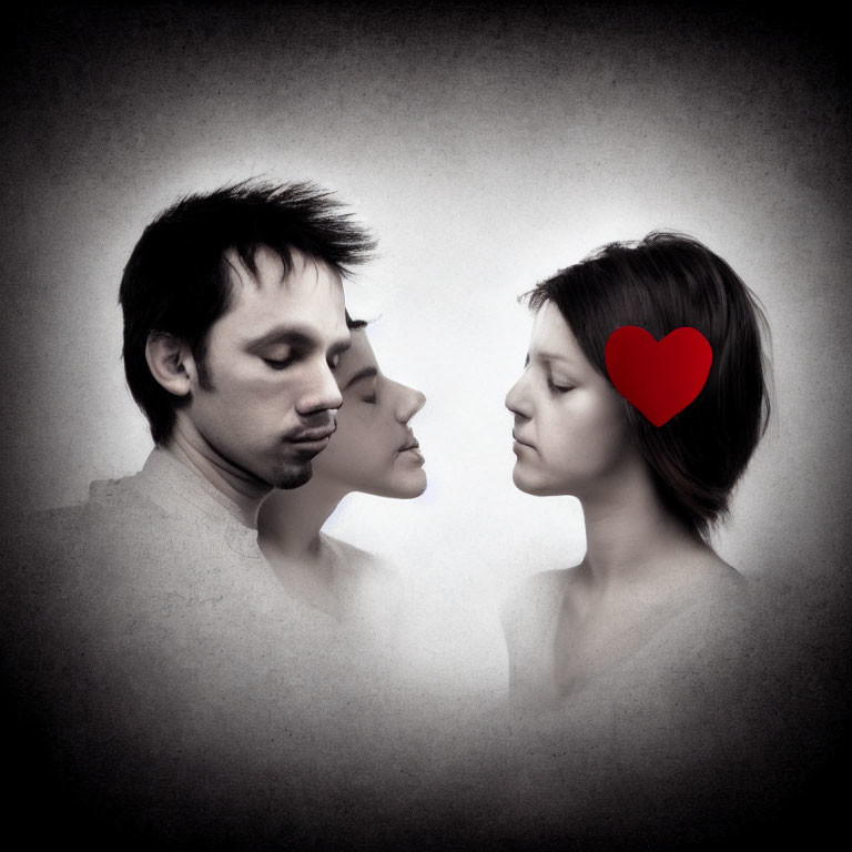 Dual portrait with mirrored effect and red heart symbol depicting love or connection