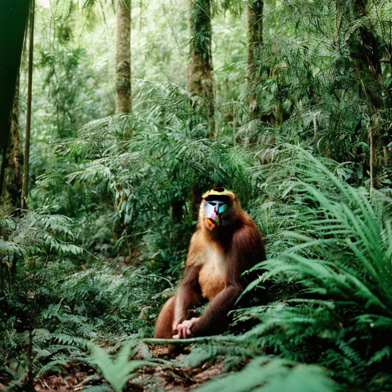 Colorful mandrill in lush green forest setting