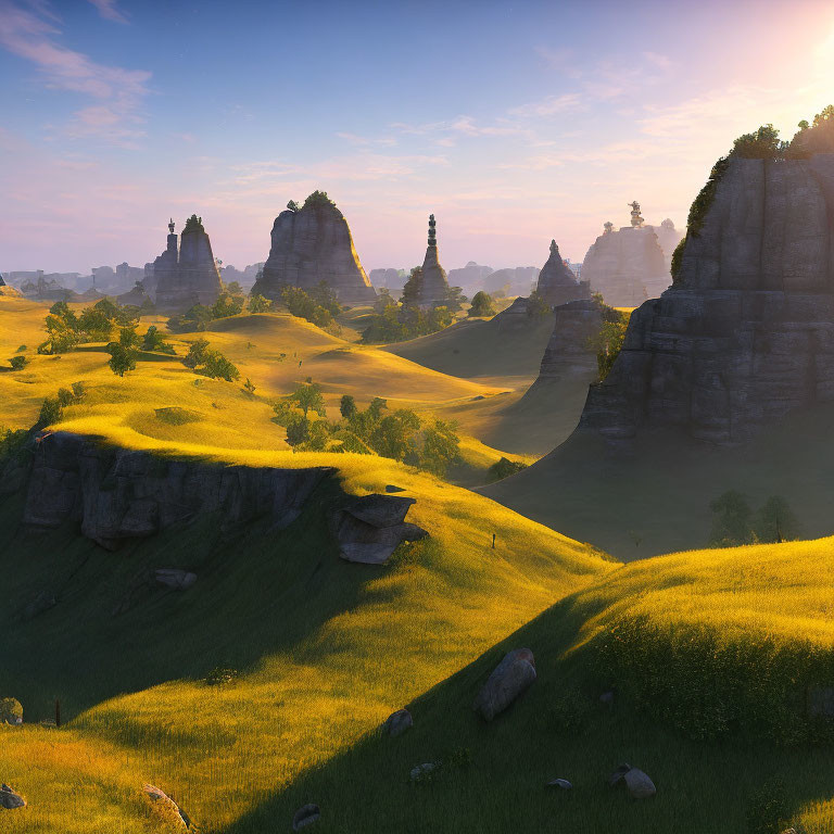 Tranquil Sunrise Landscape with Golden Hills and Rock Formations