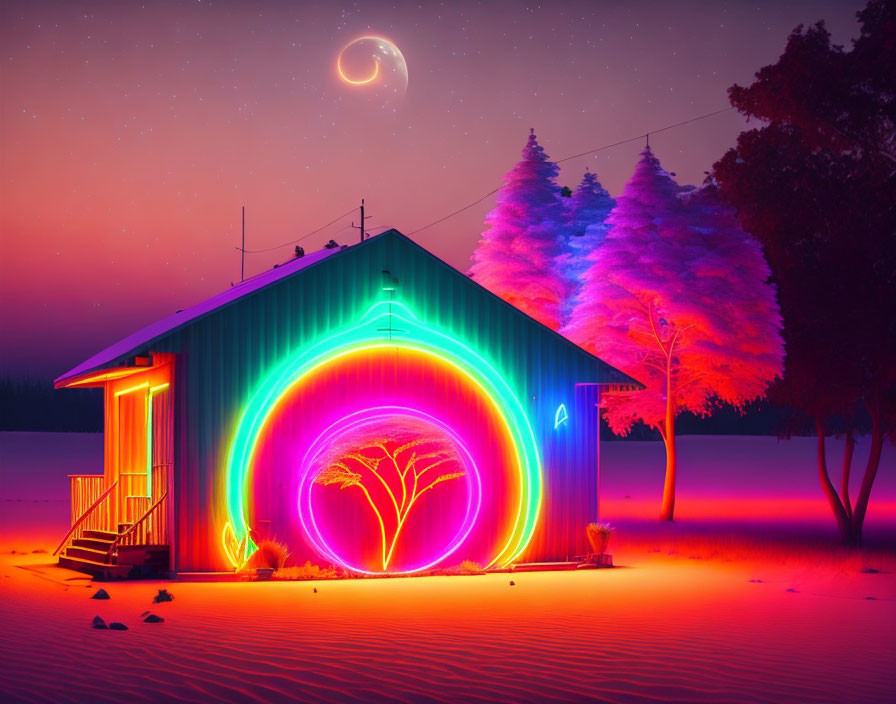 Colorful neon-lit portal by solitary cabin at night