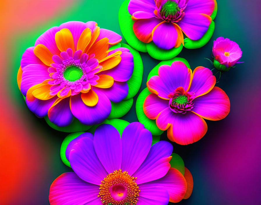 Digitally-Enhanced Neon Flowers on Gradient Background