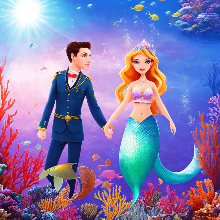 Prince and mermaid in vibrant underwater scene with colorful fish, coral, and sunbeams