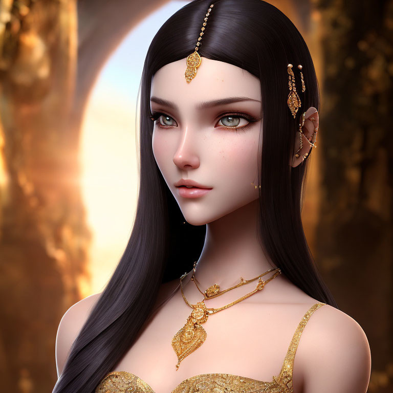 3D rendered image of woman with big brown eyes and long black hair in gold jewelry on golden backdrop