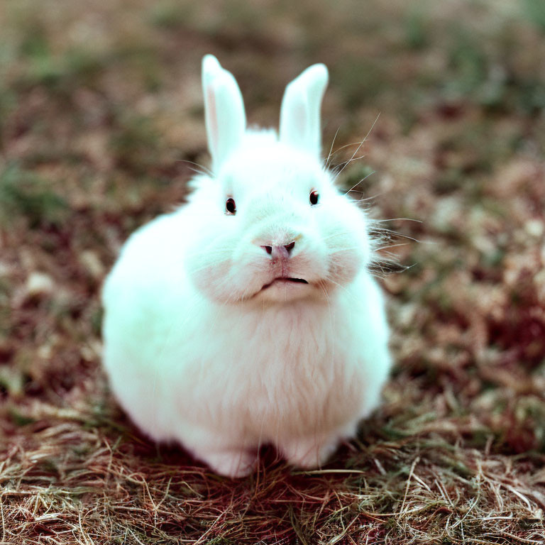 Fluffy white rabbit with upright ears on grassy ground
