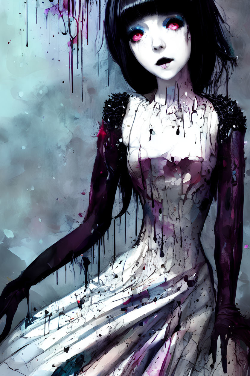 Pale girl with dark hair and red eyes in gothic-inspired artwork