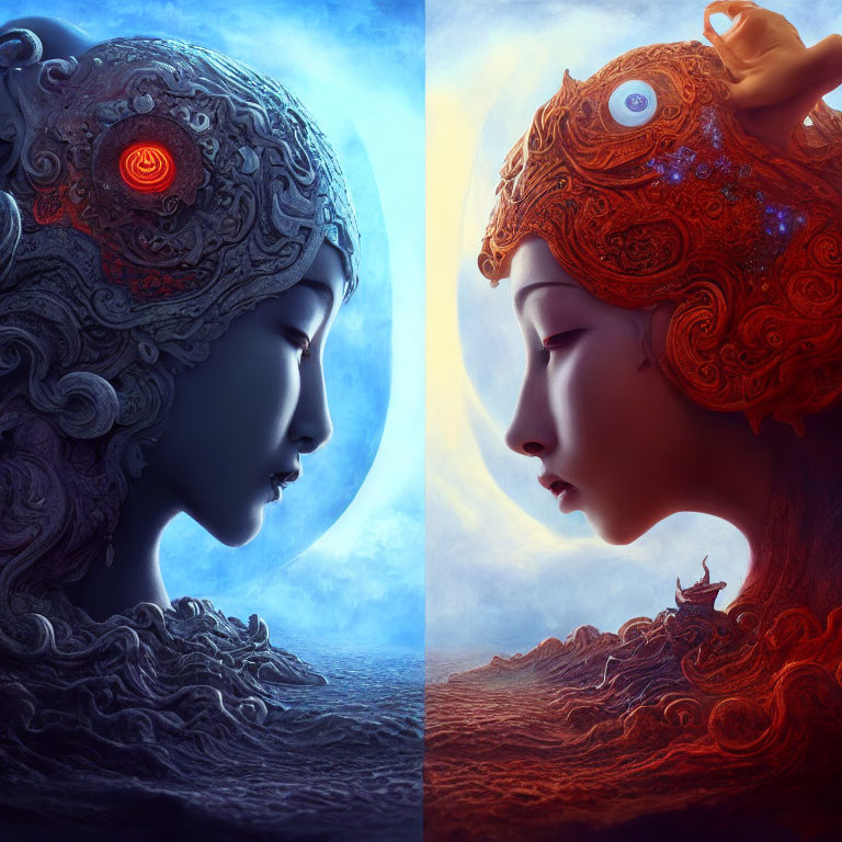 Stylized split image of faces: cool blue tones with red eye, warm tones with luminous
