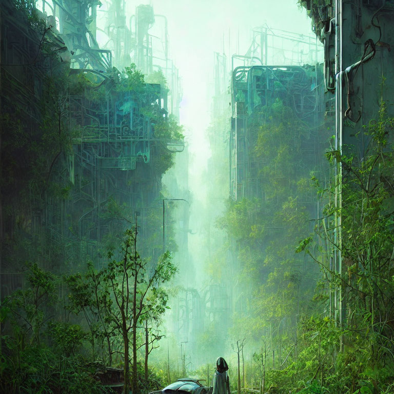 Abandoned cityscape reclaimed by nature in mist