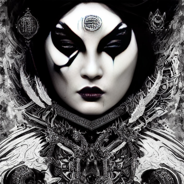 Monochromatic image of person with ornate black and white makeup and decorative costume