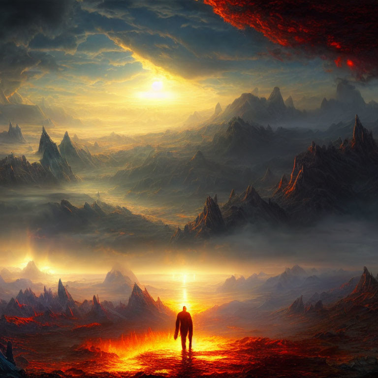 Figure in front of molten landscape under dramatic sky with mountains and glowing sun