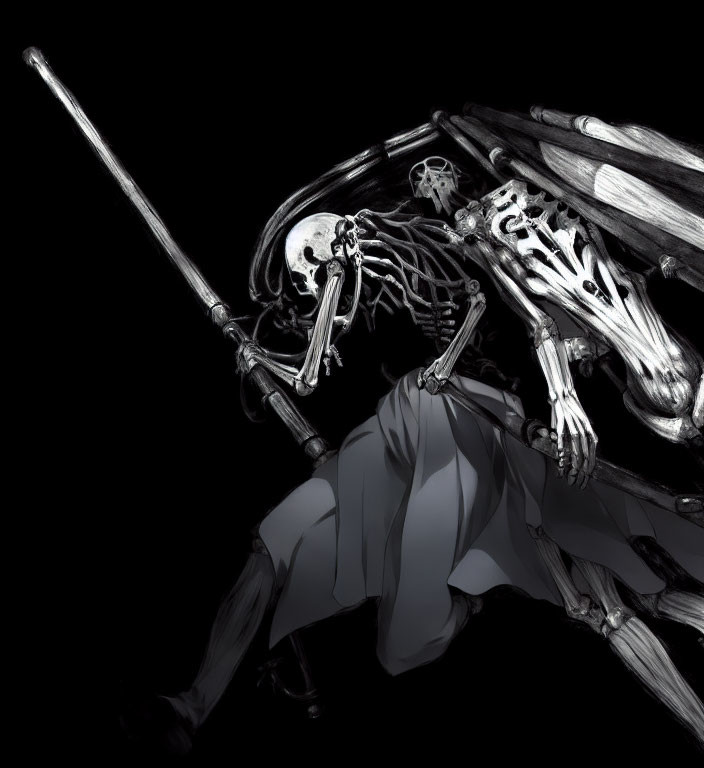 Monochrome Skeletons in Dynamic Pose with Baton in Dark Setting