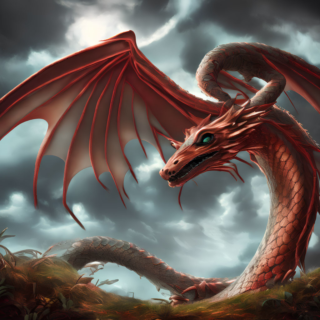 Red-Winged Dragon with Scales and Green Eyes in Stormy Sky