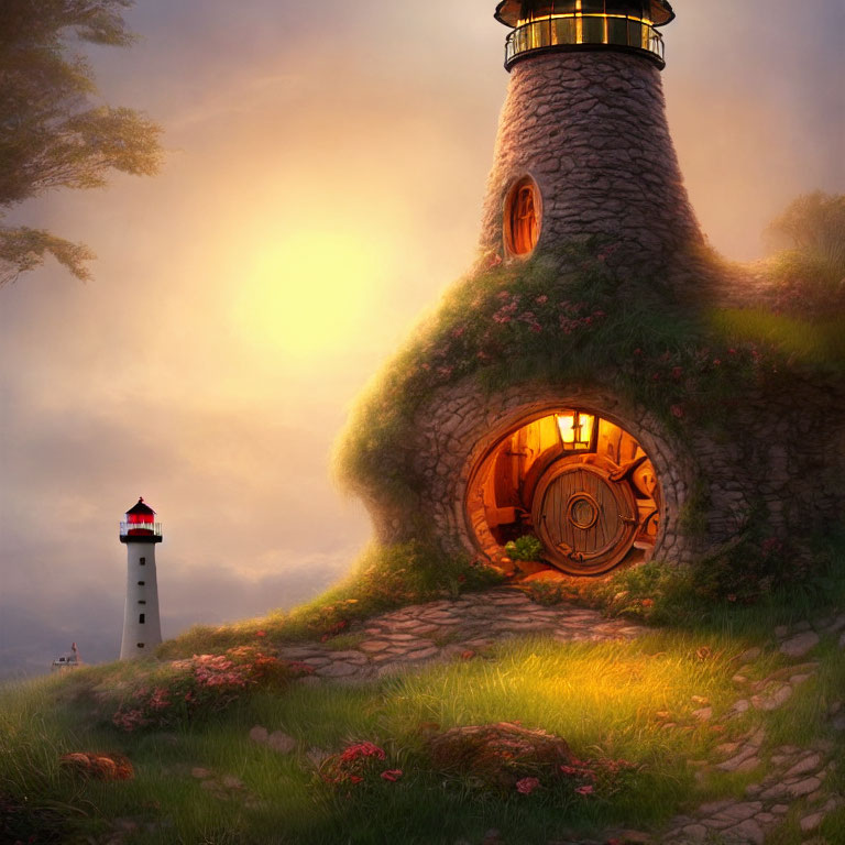 Stone cottage and miniature lighthouse in lush hillside at sunset