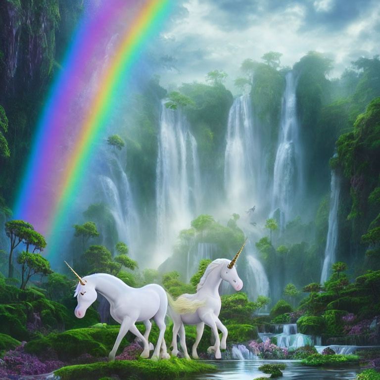 White Unicorns in Green Forest with Waterfalls & Rainbow