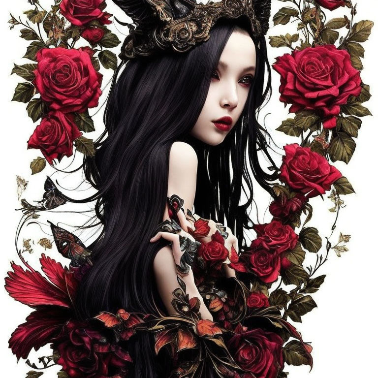 Gothic fantasy illustration of a woman with black hair, roses, butterflies, floral dress.