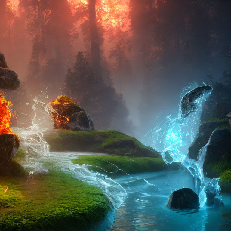 Enchanting forest scene with fire, lightning, greenery, mist, and sunlight