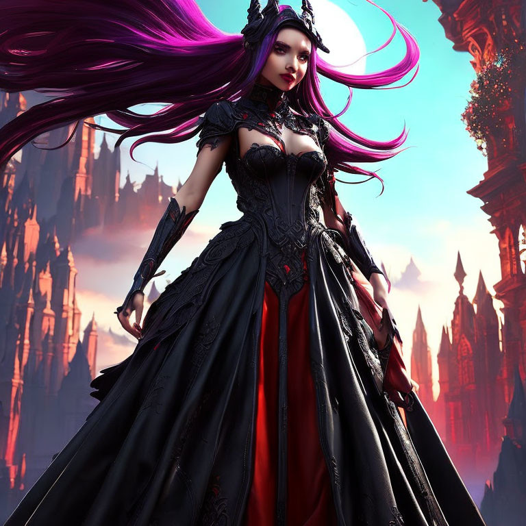 Digital Artwork: Woman with Purple Hair in Gothic Dress at Fantasy Castle