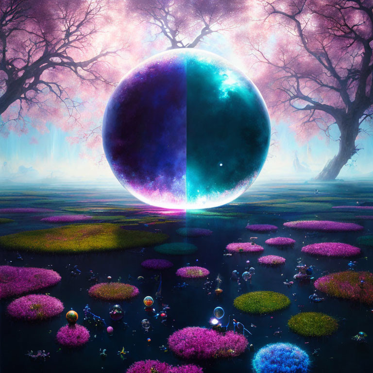 Fantastical landscape with giant celestial sphere and vibrant flora