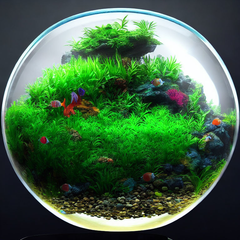 Colorful Fish and Lush Plants in Spherical Aquarium