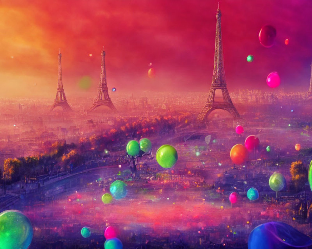 Multiple Eiffel Towers and colorful balloons in a fantastical Paris sunset.