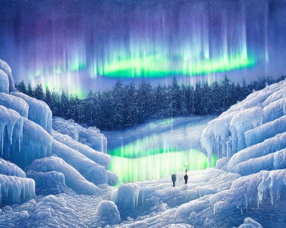 Auroras Light Up Snowy Landscape with Gazing Couple