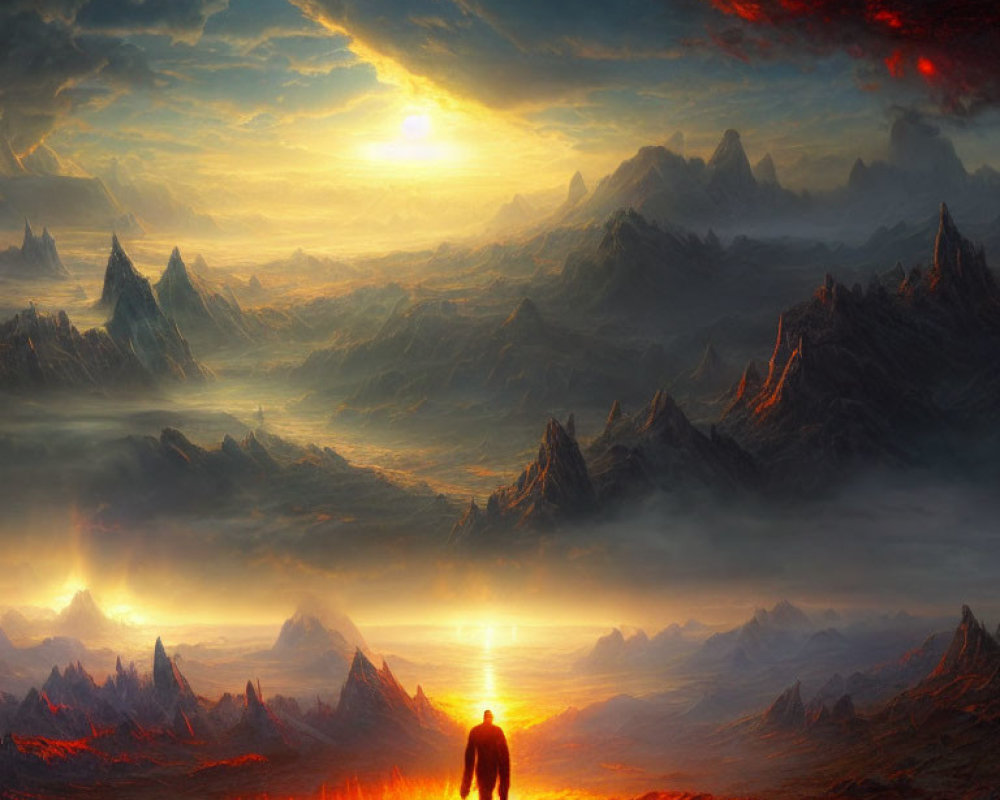 Figure in front of molten landscape under dramatic sky with mountains and glowing sun