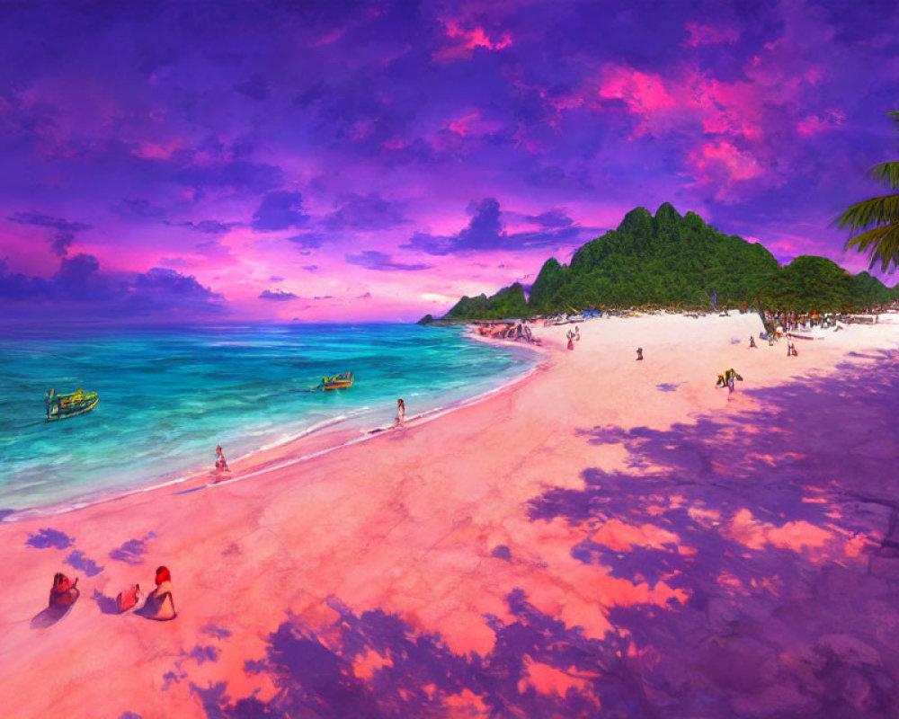 Scenic beach sunset: pink sand, strolling people, boats, purple sky
