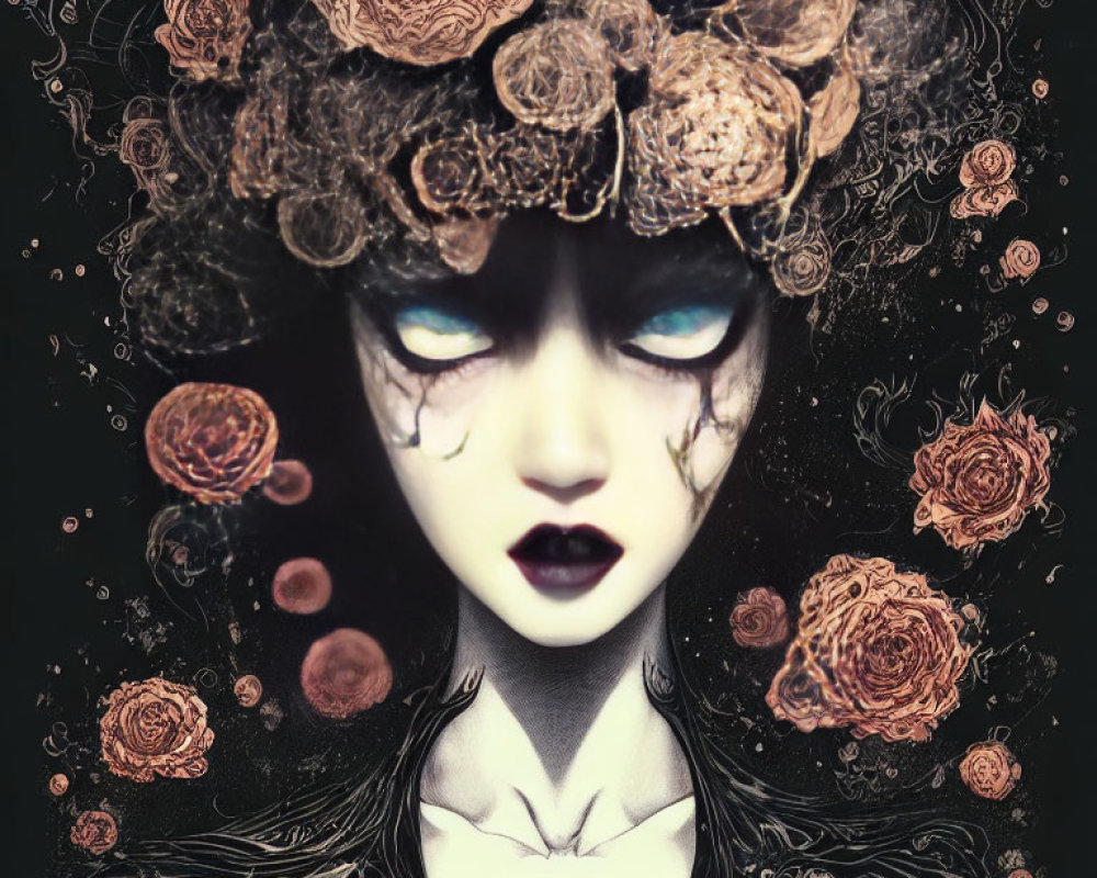 Fantastical dark art: pale figure with black hair, blue eyes, and rose crown