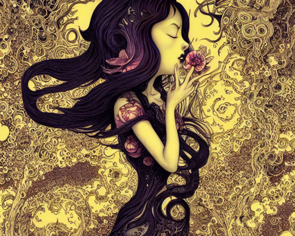 Illustration of girl with flowing hair and rose in ornate design.