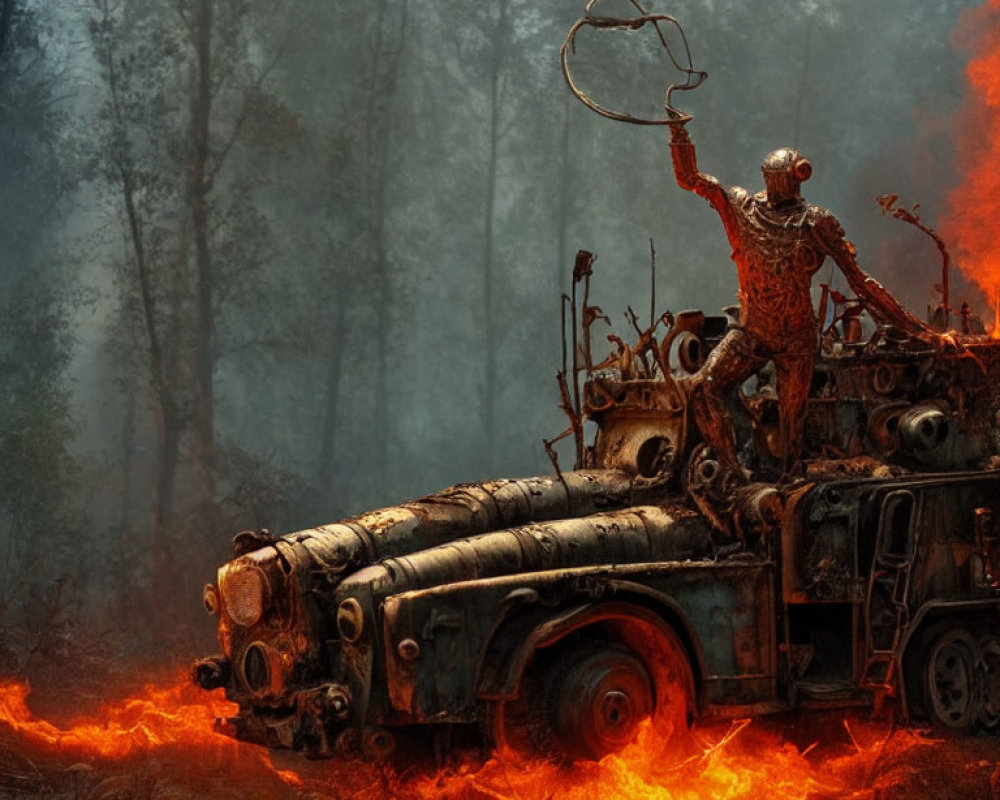 Person in Mask on Rugged Vehicle Amid Glowing Embers and Forest
