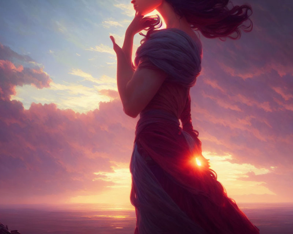 Silhouetted woman in flowing gown against vibrant sunset and sea.
