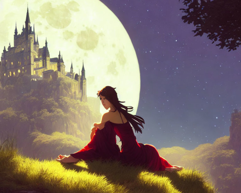 Woman in red dress gazes at castle under full moon in mystical landscape